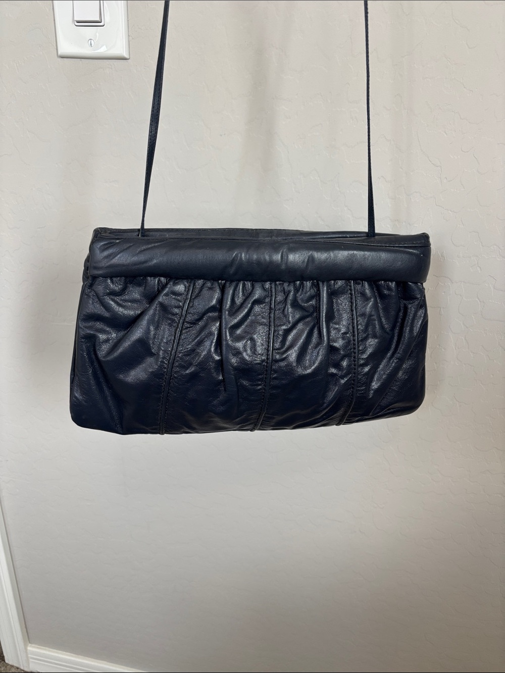 Classic Vintage Dark Blue Leather Shoulder Bag - Women's